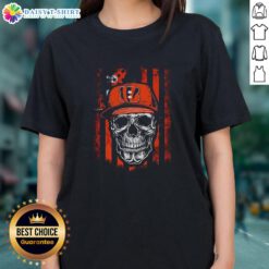 Awesome Cincinnati Bengals NFL Skull Tee with American Flag for football lovers, perfect for ladies who support their team.