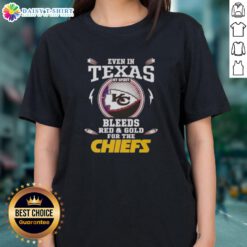 Ladies tee featuring 'My Spirit Bleeds Red And Gold' for Kansas City Chiefs, perfect for Texas fans.