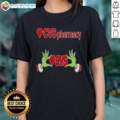 Awesome Grinch hands holding a heart on a CVS Pharmacy Christmas ladies tee, perfect for festive holiday cheer.