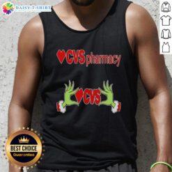 Awesome Grinch hands on a festive tank top, perfect for Christmas at CVS Pharmacy. Holiday spirit in style!
