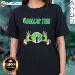 Awesome Grinch hands holding Christmas decorations on a Ladies Tee from Dollar Tree, perfect for holiday festivities.