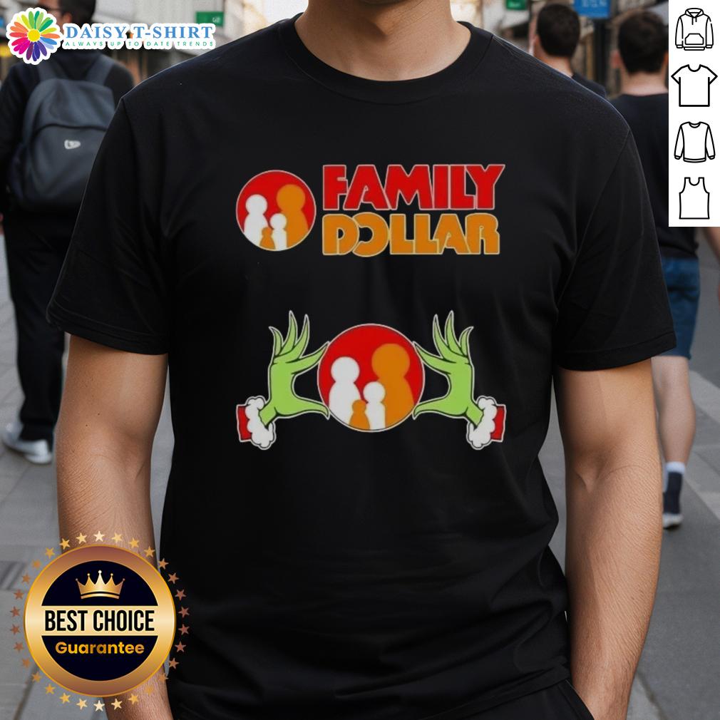 Alt Text: Awesome Grinch hands holding a heart on a Family Dollar Christmas T-shirt, perfect for festive family gatherings.