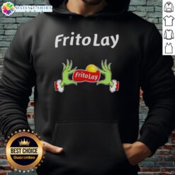 Awesome Grinch hands holding Frito Lay snacks in a festive Christmas hoodie, perfect for holiday celebrations.