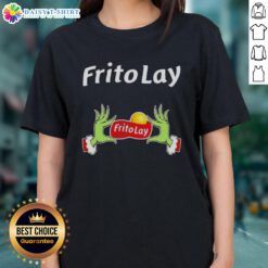 Awesome Grinch hands holding Frito Lay snacks on a Christmas ladies tee, perfect for festive holiday celebrations.