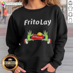 Awesome Grinch hands holding Frito Lay snacks on a cozy Christmas sweatshirt, perfect for holiday festivities.