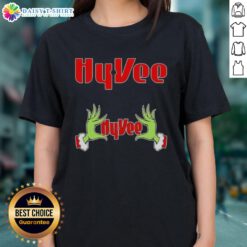 Awesome Grinch hands with hearts on a Hy-Vee Christmas ladies tee, perfect for holiday festivities and celebrations.