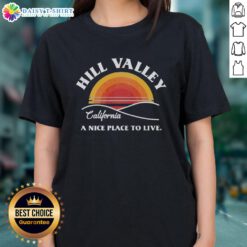 Awesome Hill Valley Sunset Ladies Tee featuring a vibrant sunset design perfect for casual wear and outdoor adventures.