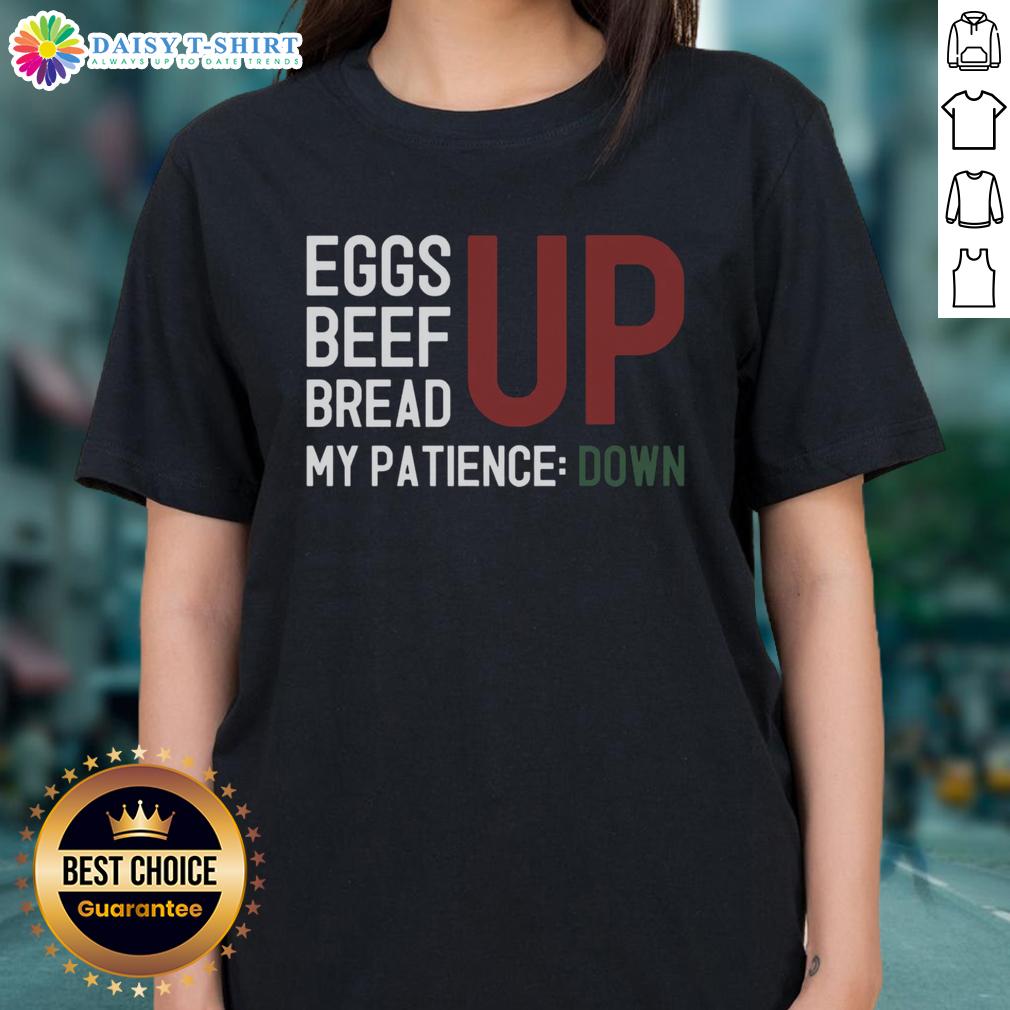 Trendy ladies tee featuring 'Awesome Inflation Frustration' design with eggs, beef, and bread, perfect for casual wear.