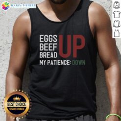 Trendy tank top featuring 'Inflation Frustration' graphic with eggs, beef, and bread, expressing economic struggles creatively.