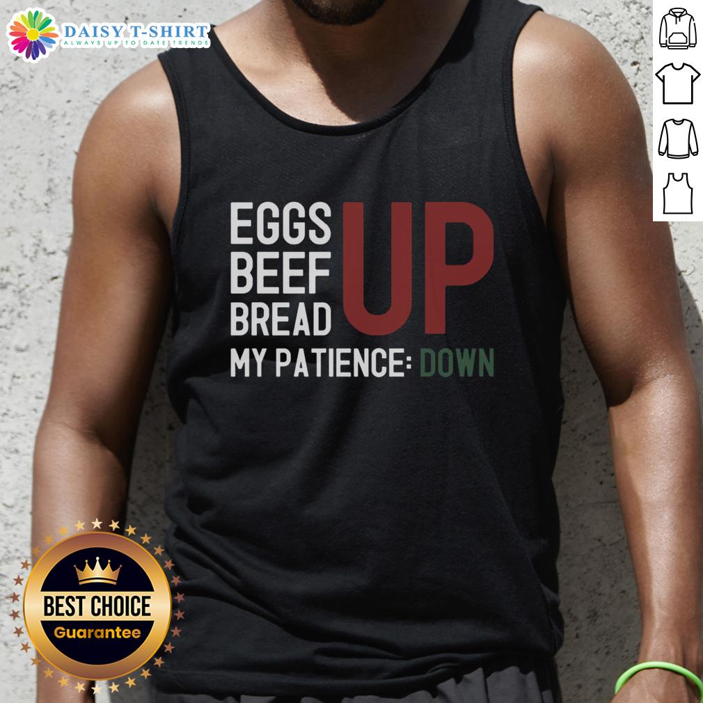 Trendy tank top featuring 'Inflation Frustration' graphic with eggs, beef, and bread, expressing economic struggles creatively.
