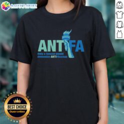 Cute Antifa ladies tee featuring the phrase 'Only a Fascist Would Demonize Anti-Fascism' in bold graphic design.