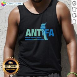 Alt Text: Cute Antifa tank top with the phrase 'Only a Fascist Would Demonize Anti-Fascism' promoting anti-fascist activism.