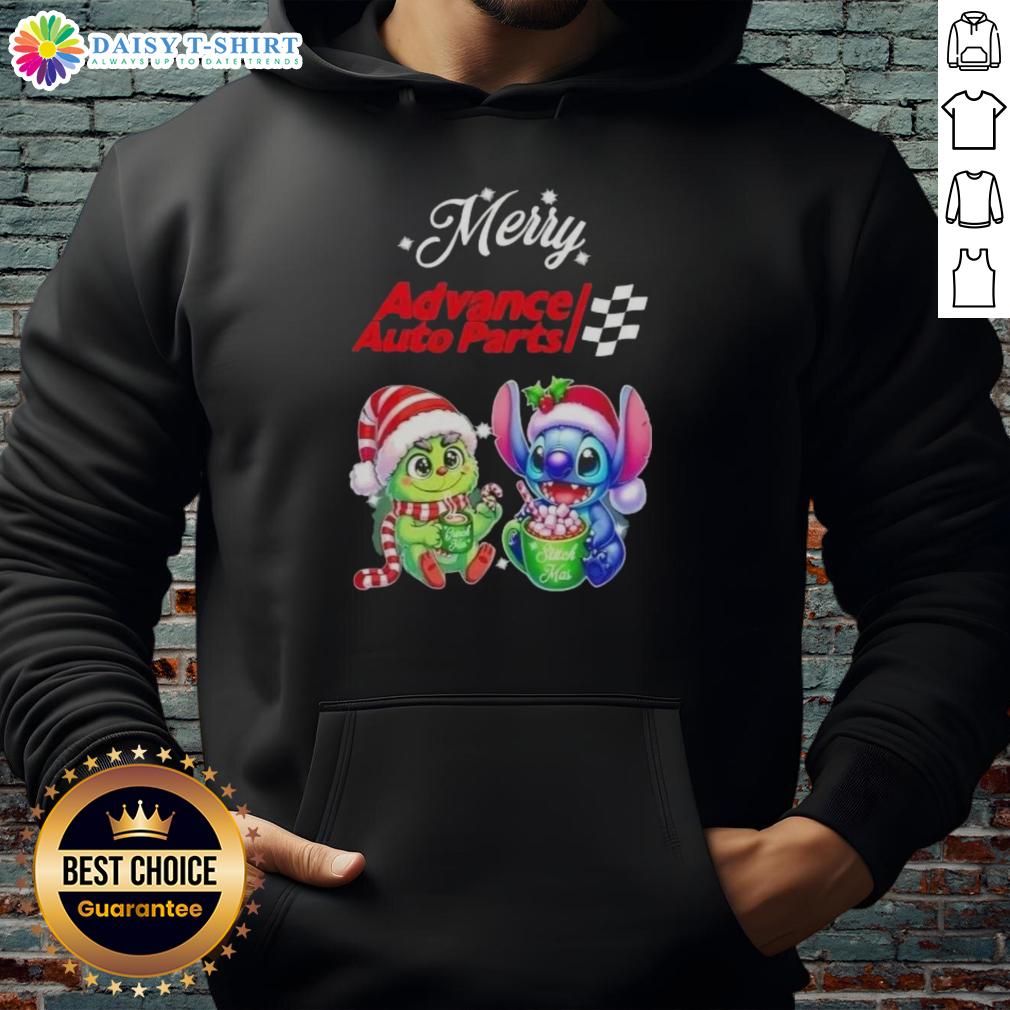 Alt Text: Cute Grinch and Stitch Christmas hoodie from Advance Auto Parts, perfect for festive holiday cheer.