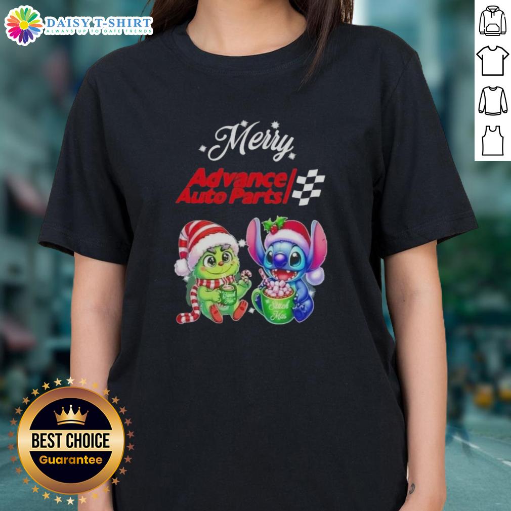 Alt Text: Cute Grinch and Stitch graphic on a Merry Christmas ladies tee from Advance Auto Parts, perfect holiday apparel.