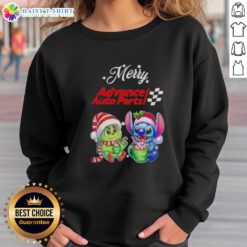 Cute Grinch and Stitch design on Merry Christmas sweatshirt from Advance Auto Parts, perfect for festive wear.