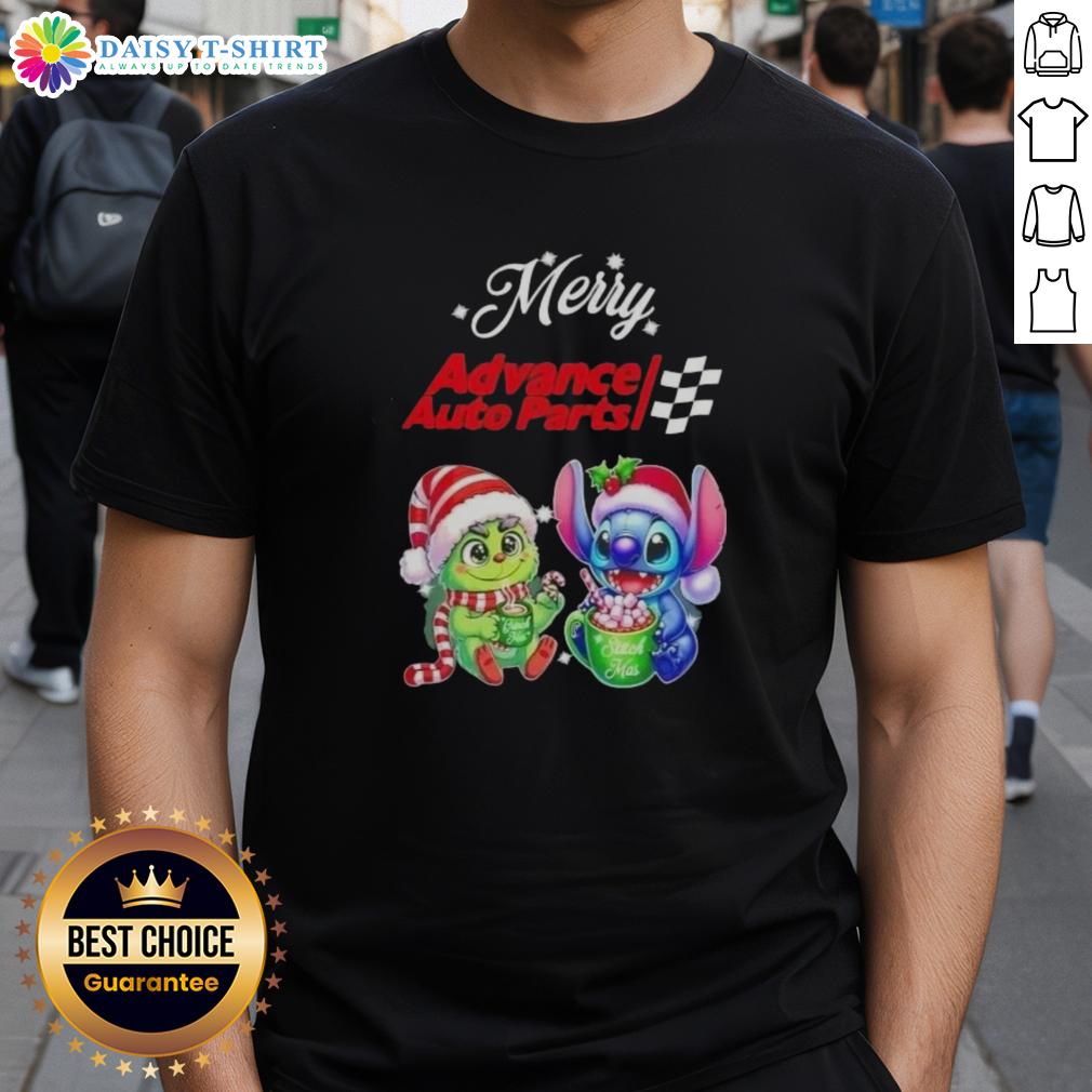 Alt Text: Cute Grinch and Stitch Christmas T-Shirt from Advance Auto Parts featuring festive designs for holiday cheer.