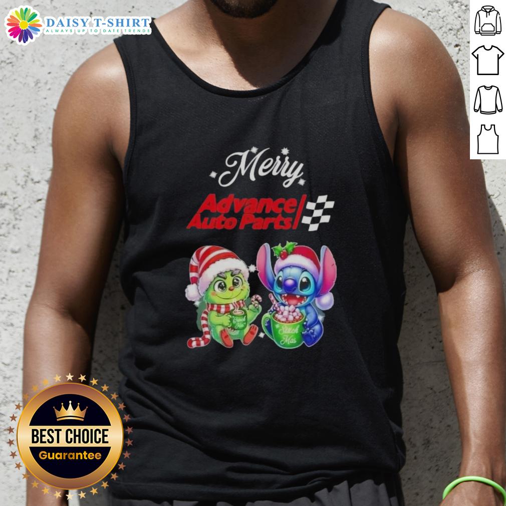 Alt Text: Cute Grinch and Stitch Christmas tank top from Advance Auto Parts, perfect for holiday festivities and celebrations.