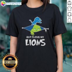 Alt Text: Cute Grinch graphic on a ladies tee, showcasing love for Detroit Lions football, perfect for fans.