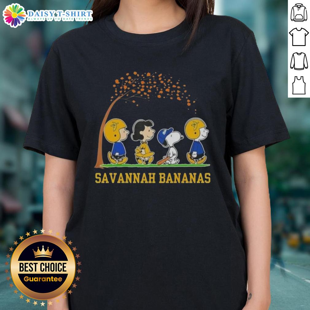 Alt Text: Cute Snoopy and friends on a Savannah Bananas ladies tee, celebrating 'It's the Most Wonderful Time of the Year'.