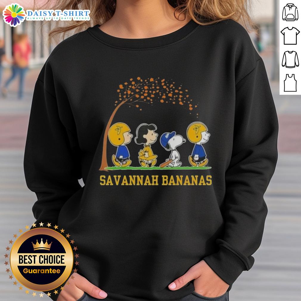 Alt Text: Cute Snoopy and friends on a sweatshirt celebrating 'It's the Most Wonderful Time of the Year' for Savannah Bananas.