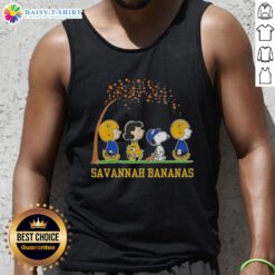 Alt Text: Cute Snoopy and friends on a Savannah Bananas tank top celebrating 'It's the Most Wonderful Time of the Year'.