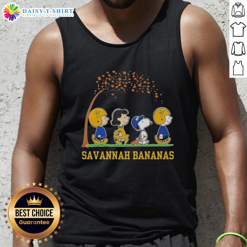Alt Text: Cute Snoopy and friends on a Savannah Bananas tank top celebrating 'It's the Most Wonderful Time of the Year'.