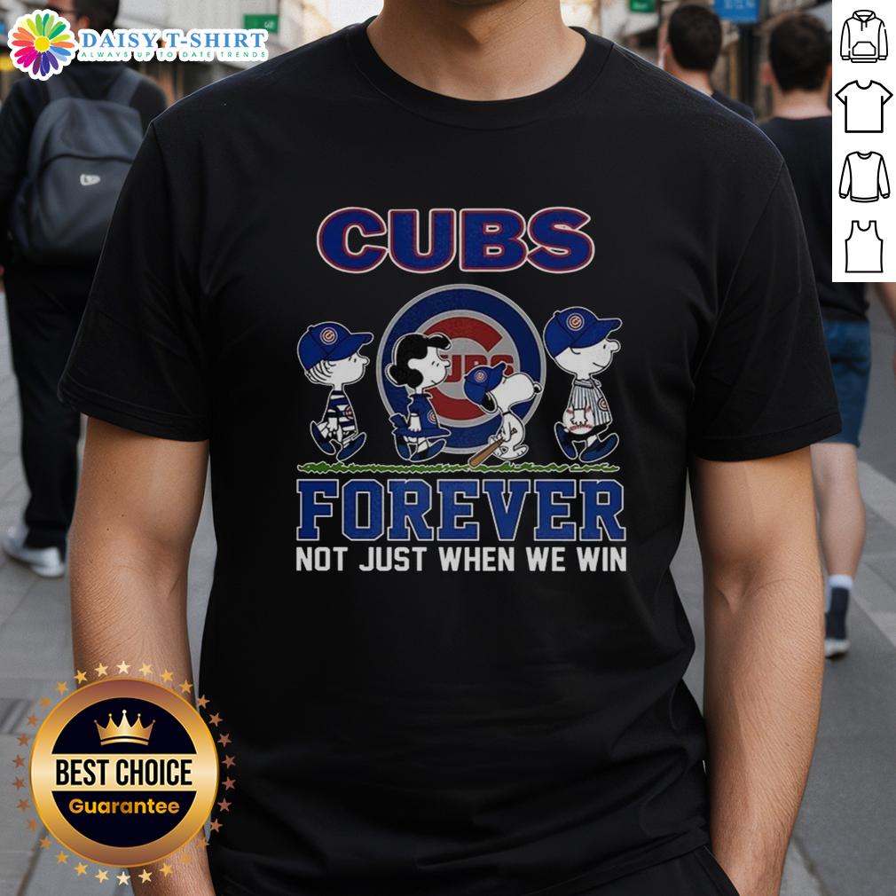 Alt Text: Cute Snoopy and Friends X Chicago Cubs Forever T-Shirt for baseball lovers, showcasing fun cartoon design.