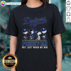 Alt Text: Cute Snoopy and Friends X Los Angeles Dodgers Forever tee for baseball lovers, perfect for ladies who cheer all season.