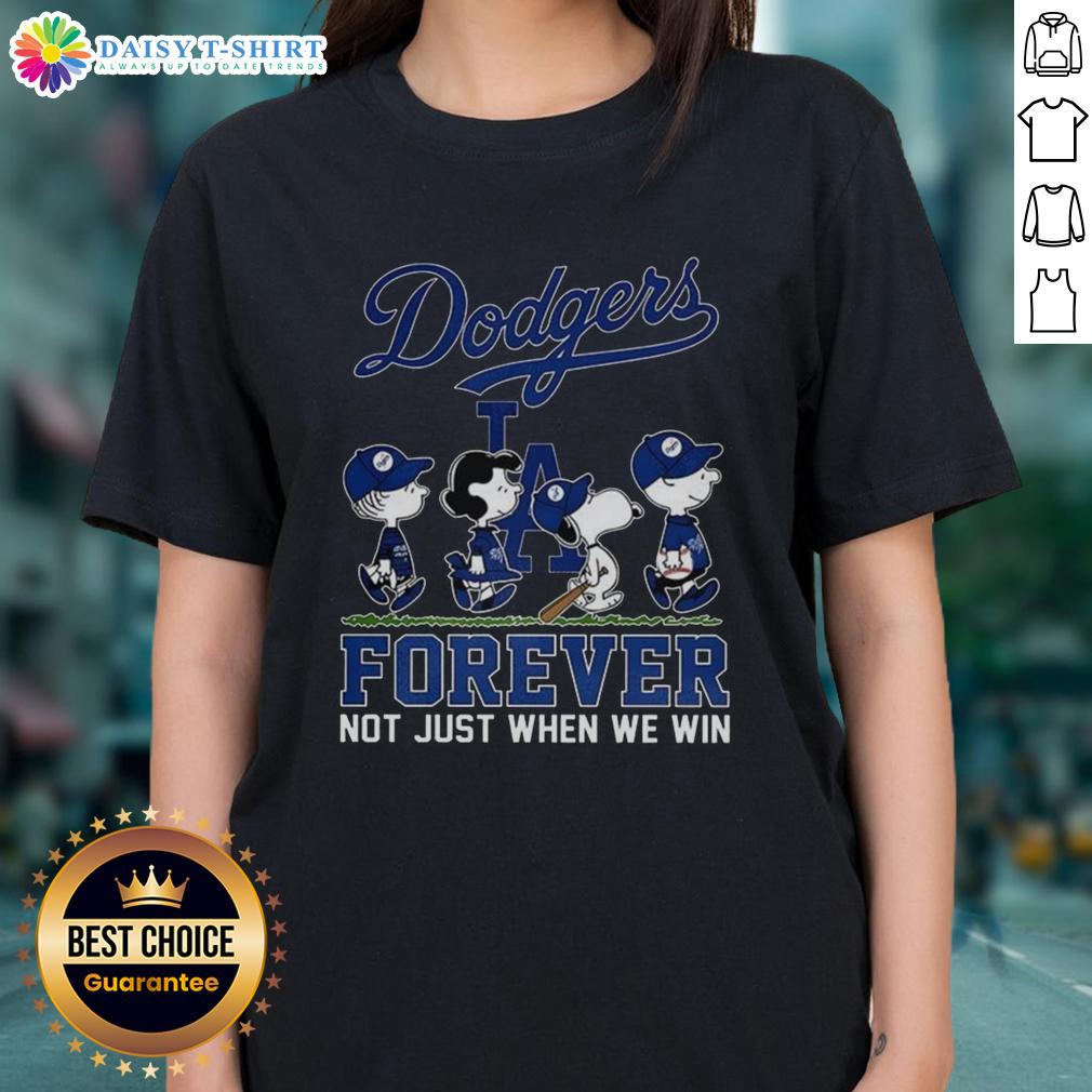 Alt Text: Cute Snoopy and Friends X Los Angeles Dodgers Forever tee for baseball lovers, perfect for ladies who cheer all season.