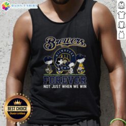 Alt Text: Cute Snoopy and friends graphic on Milwaukee Brewers tank top for baseball lovers, celebrating fandom all season.