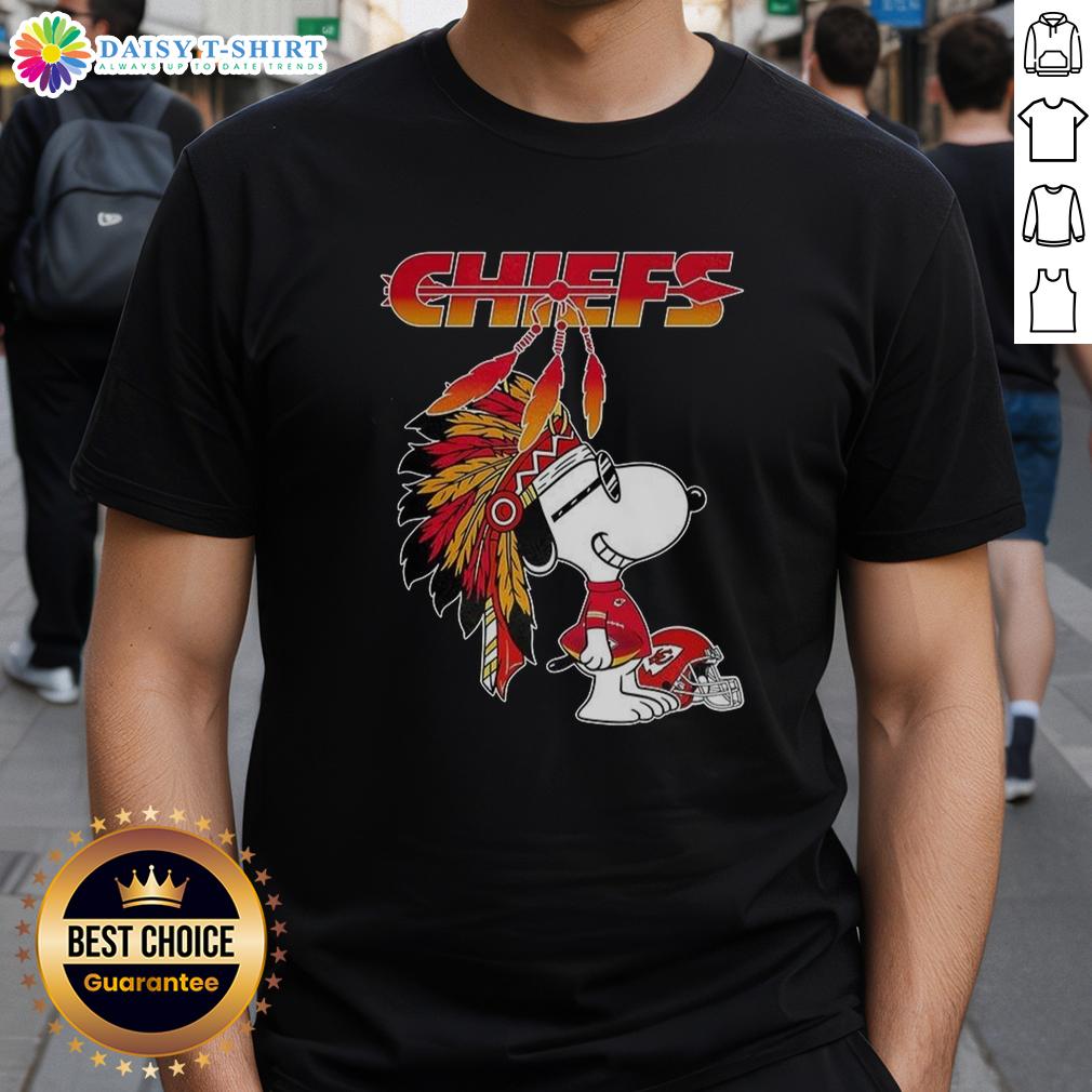 Alt Text: Cute Snoopy in War Bonnets with Kansas City Chiefs Football Helmet T-Shirt design for fans and collectors.