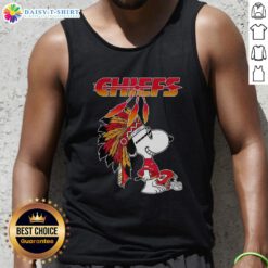 Alt Text: Cute Snoopy in war bonnets on a Kansas City Chiefs football helmet tank top, perfect for game day style.
