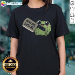 Funny Frog Be Warned Don't Mess With Me Ladies Tee featuring a cartoon frog with a sassy expression and vibrant colors.