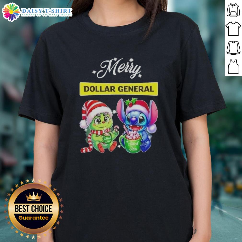 Funny Grinch and Stitch Merry Christmas ladies tee from Dollar General featuring festive designs and vibrant colors.