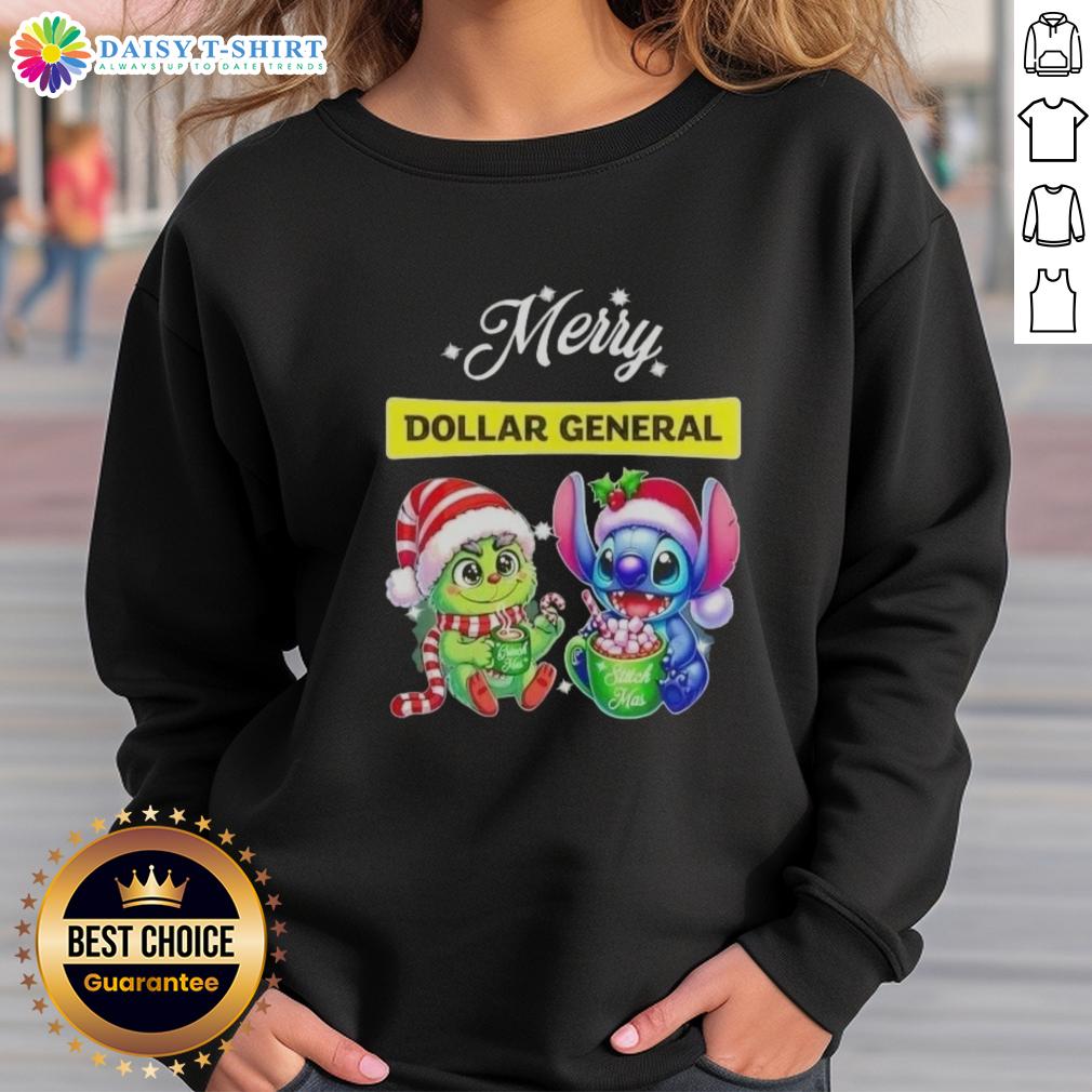 Alt Text: Funny Grinch and Stitch sweatshirt from Dollar General, perfect for a Merry Christmas celebration.