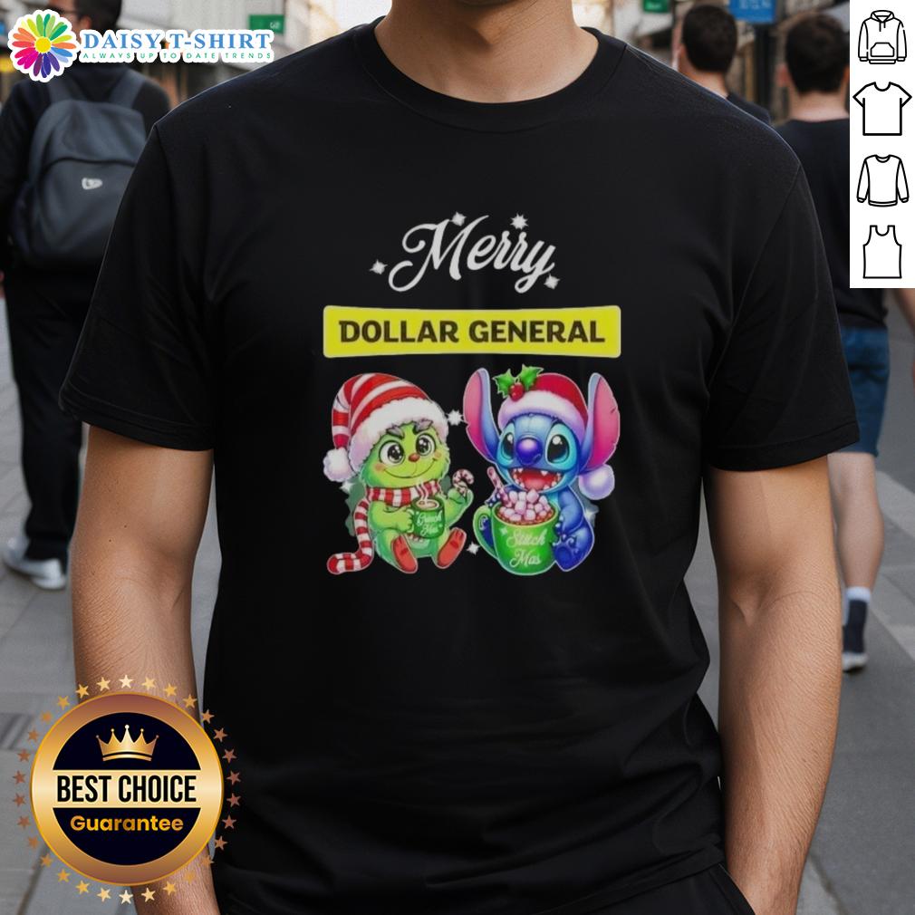 Alt Text: Funny Grinch and Stitch X Dollar General Merry Christmas T-Shirt featuring colorful graphics and a festive design.