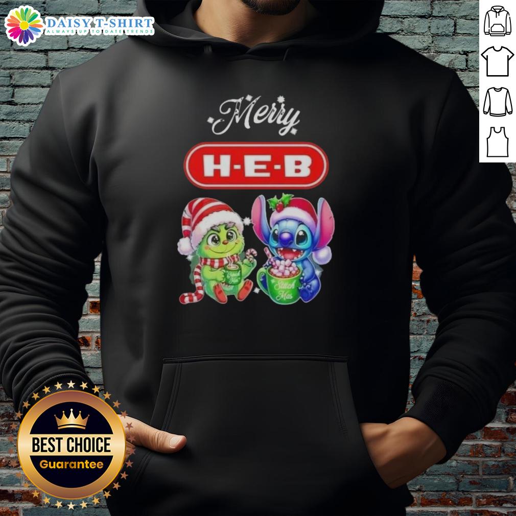 Funny Grinch and Stitch X H-E-B Merry Christmas hoodie featuring vibrant holiday designs for festive cheer.