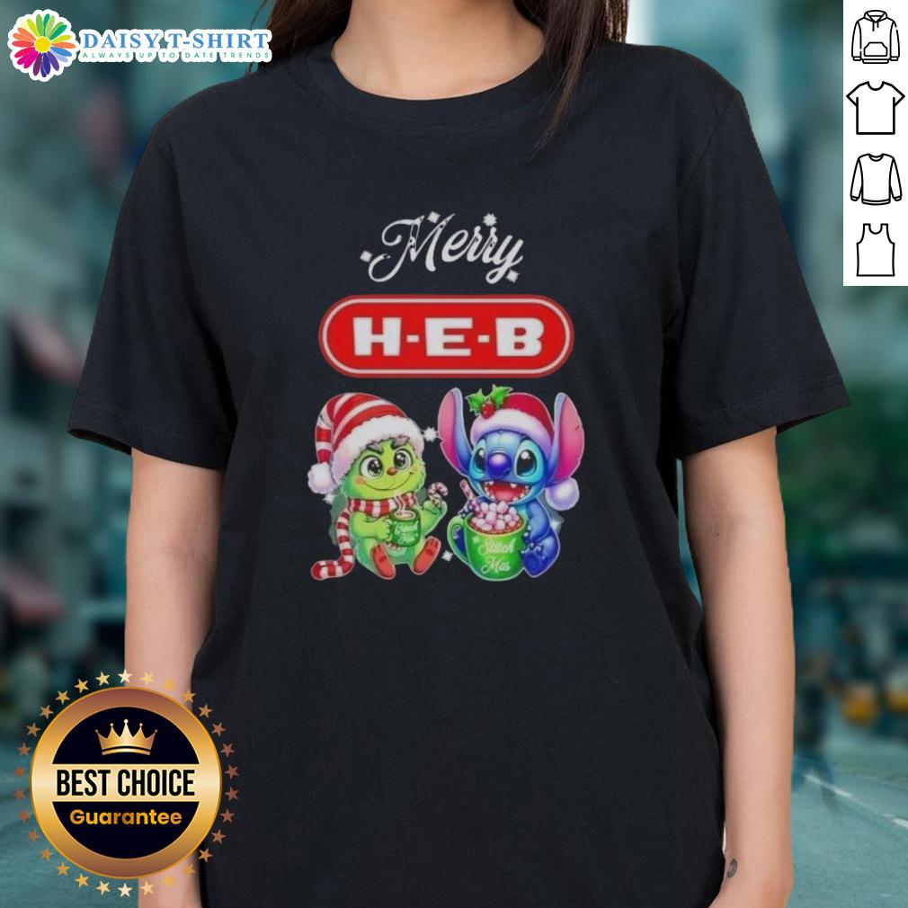 Funny Grinch and Stitch X H-E-B Merry Christmas ladies tee featuring vibrant holiday graphics and playful design.