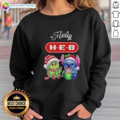 Alt Text: Funny Grinch and Stitch X H-E-B Merry Christmas sweatshirt, perfect for festive holiday celebrations and cozy winter wear.