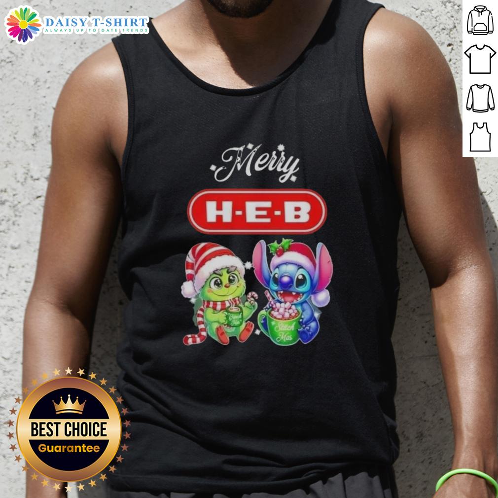 Funny Grinch and Stitch tank top for H-E-B, perfect for a Merry Christmas celebration. Ideal for festive holiday wear!