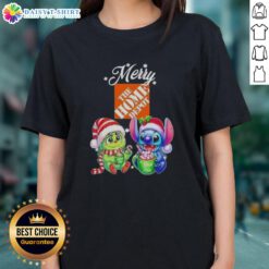 Alt Text: Funny Grinch and Stitch graphic on a Home Depot Merry Christmas ladies tee, perfect for festive holiday wear.