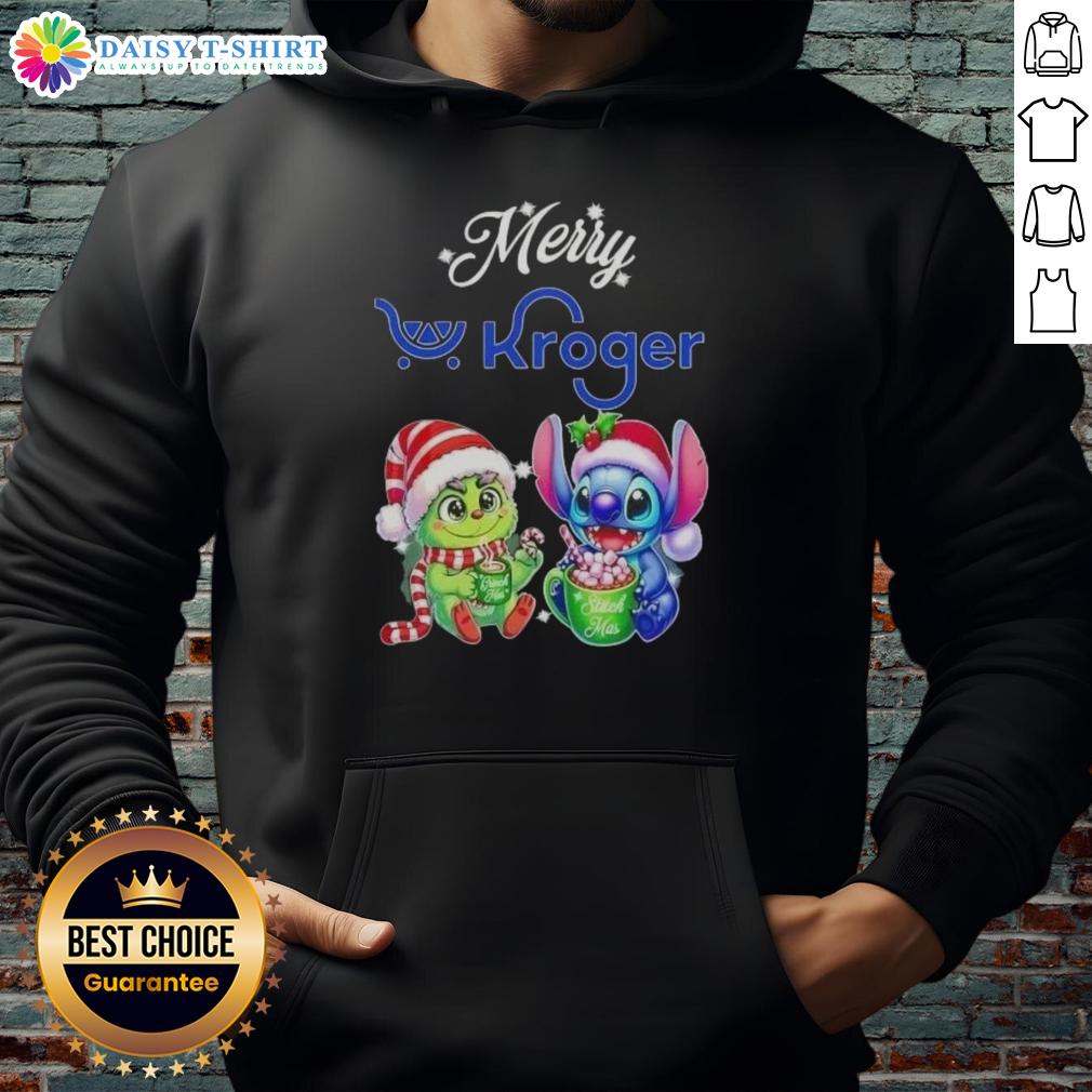 Funny Grinch and Stitch X Kroger Merry Christmas hoodie design featuring vibrant colors and festive holiday themes.