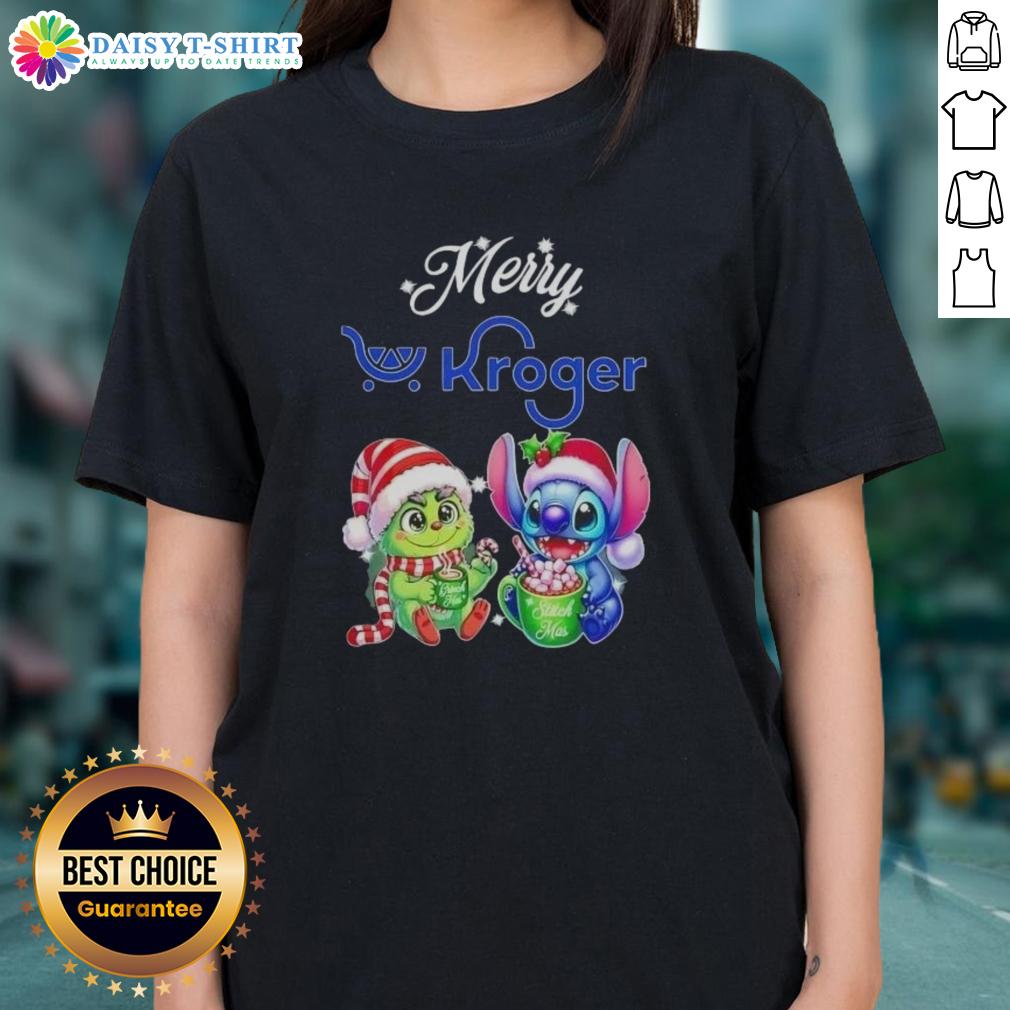 Funny Grinch and Stitch X Kroger Merry Christmas ladies tee featuring vibrant graphics for festive holiday spirit.