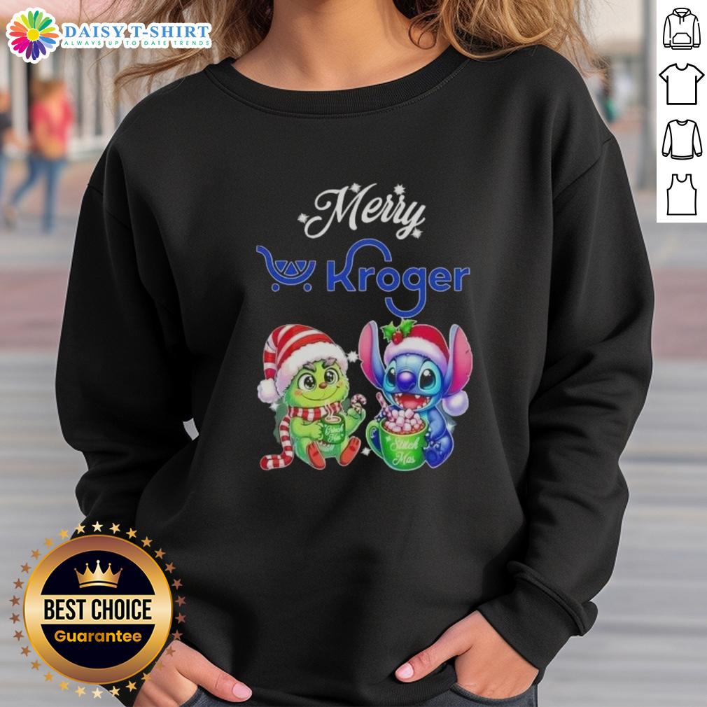 Funny Grinch and Stitch X Kroger Merry Christmas sweatshirt featuring festive designs for holiday cheer.