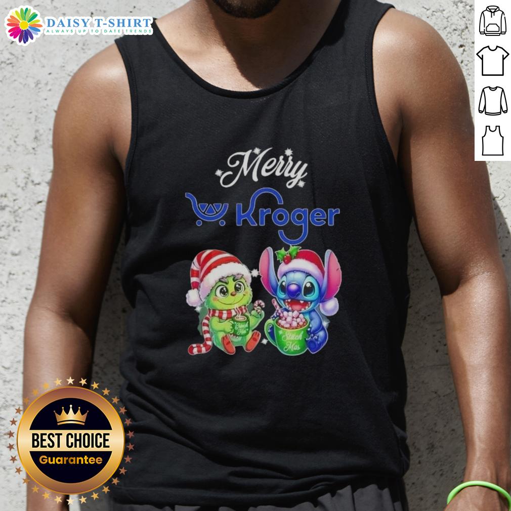 Funny Grinch and Stitch x Kroger Merry Christmas tank top design featuring festive characters for holiday cheer.