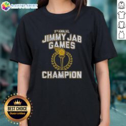 7th Annual Jimmy Jab Games Champion ladies tee featuring vibrant design and event logo, perfect for sports enthusiasts.