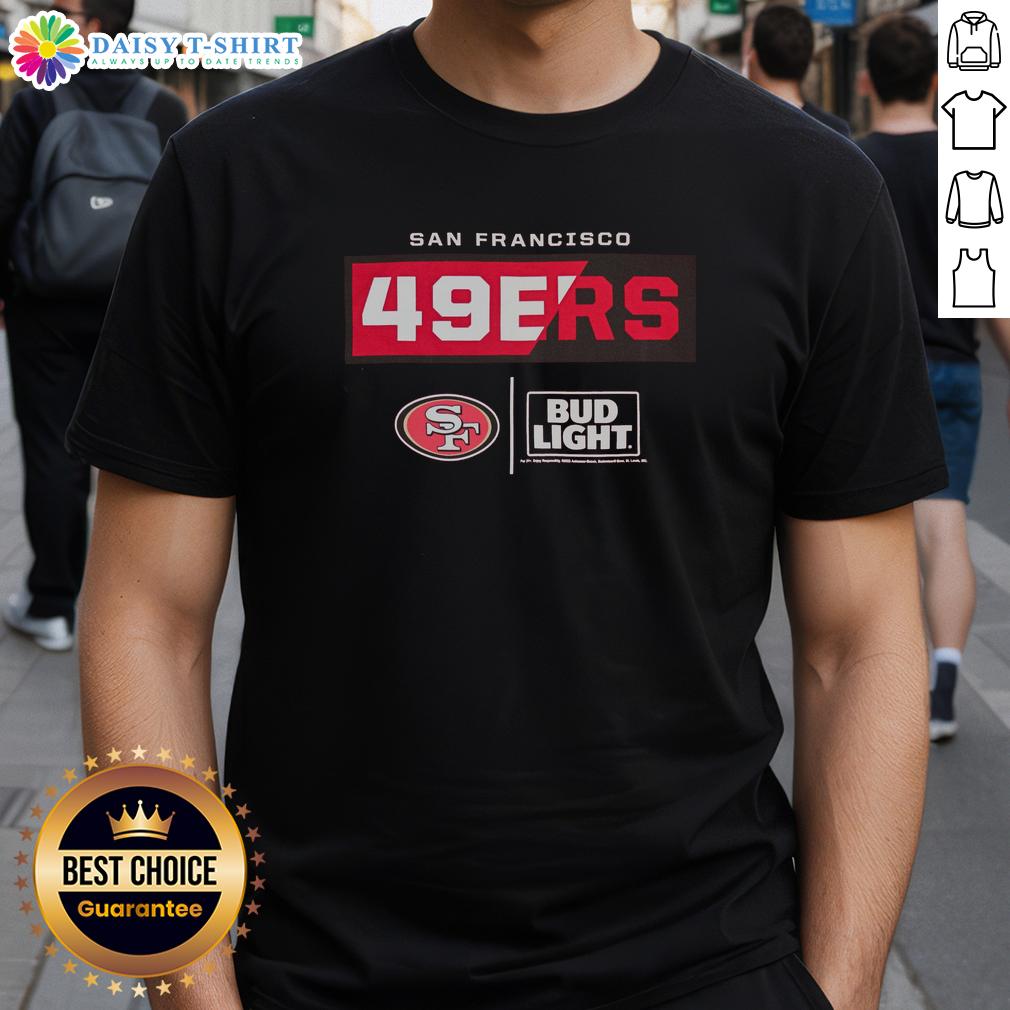 Alt Text: Good Bud Light San Francisco 49ers team t-shirt featuring bold graphics and team colors, perfect for fans.