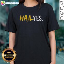 Good Hail Yes Michigan Wolverines Football ladies tee featuring team colors and logo, perfect for fans and game day wear.
