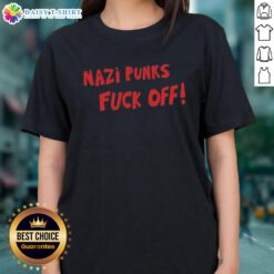 Good Nazi Punks F*ck Off Ladies Tee featuring bold graphic design, perfect for punk fashion enthusiasts and protest wear.