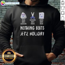 Good Nothing Beats Jet 2 Holiday hoodie featuring a fun rock-paper-scissors design in vibrant colors.